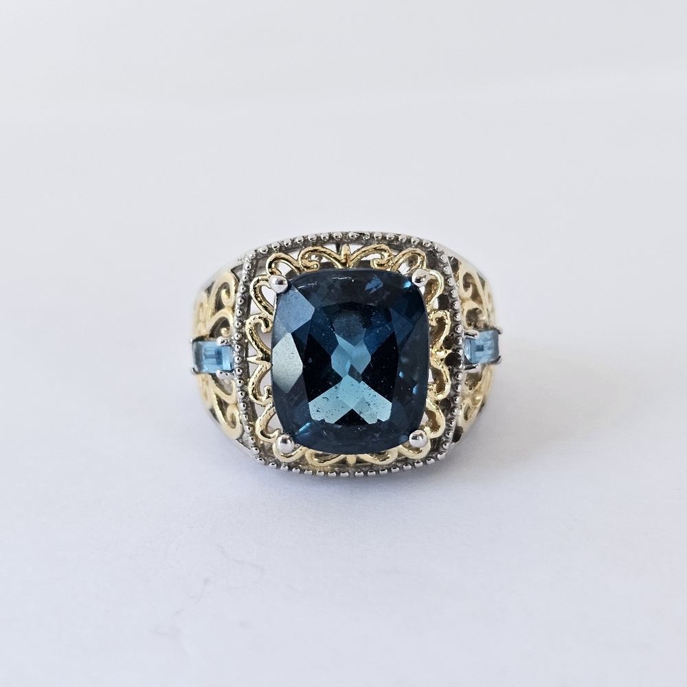 AAA Genuine London Blue & Neon Apatite Ring Sterling Silver & 18k Size 7